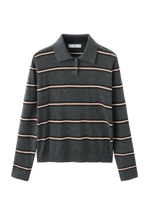 Grå langærmet polo med krave, der har vandrette striber i beige og rust. Blød tekstur, klassisk pasform og knappedetalje.