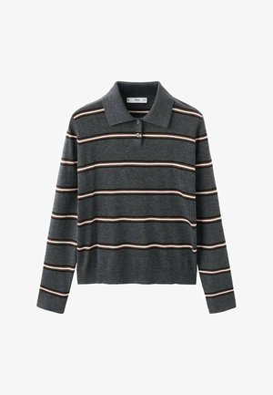 Siva polo majica s dugim rukavima i ovratnikom, sadrži horizontalne pruge u bež i hrđavo smeđoj boji. Mekana tekstura, klasičan kroj i detalj s gumbima.