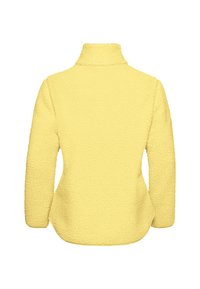 Giacca pullover in pile gialla con colletto alto, texture morbida e vestibilità comoda. Design senza cuciture con maniche lunghe e orlo arrotondato.
