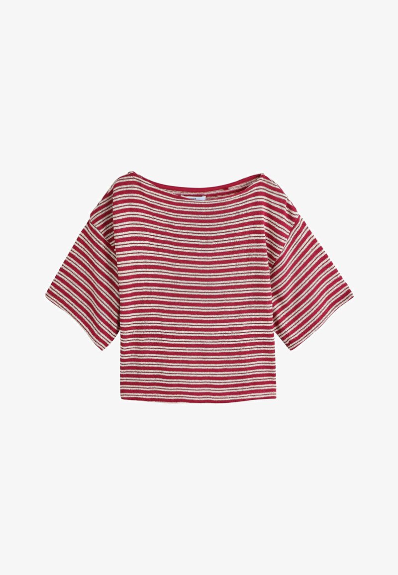 Haut manches courtes en maille rayé horizontal rouge et blanc avec manches larges et encolure bateau.