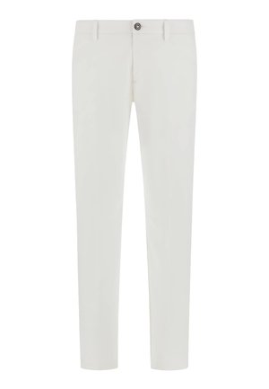 Pantalons blancs ajustés avec une coupe droite, dotés d'une fermeture à bouton sur le devant et de passants de ceinture. Texture de tissu lisse, sans motifs.