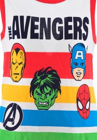 White cotton tank top with red trim featuring colorful, printed superhero faces: Iron Man, Hulk, Captain America, and Spider-Man on striped background.