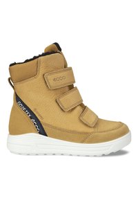 Gul högstövel med texturerat läderöverdrag, två kardborreband och en svart GORE-TEX-logotyp på sidan. Vit gummisula.