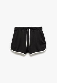 Pantaloni corti sportivi neri con vita elastica, cordino bianco e accenti bianchi a contrasto lungo le aperture delle gambe. Prezzo morbido.