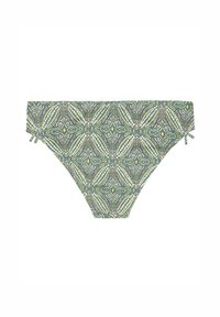 Grön mönstrad bikiniunderdel med intrikata geometriska mönster, justerbara knytningar på sidorna och en slät tygtextur.
