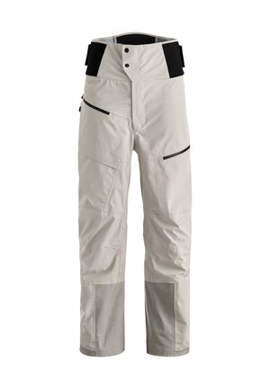Light gray waterproof pants with a high waist, zippered pockets, black accents, and reinforced lower leg panels for durability.