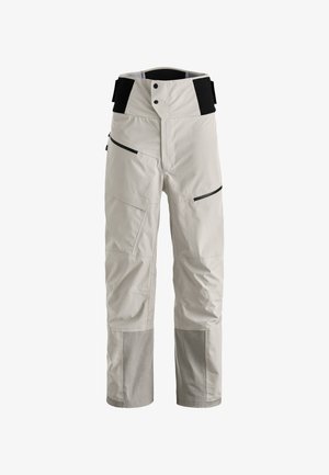 Light gray waterproof pants with a high waist, zippered pockets, black accents, and reinforced lower leg panels for durability.