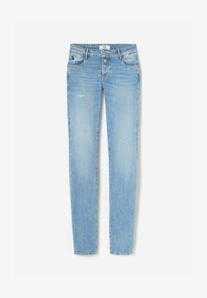 Light blue denim jeans with a slim fit, five pockets, and slight distressing. Features a zip fly and button closure, with a classic design.