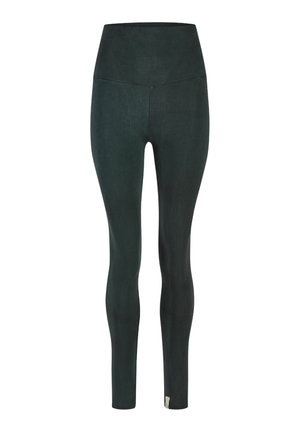 High-waisted leggings in dark green fabric featuring a smooth texture, slim fit, and stitched detailing at the waistband and hem.