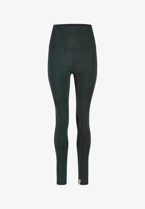 Hoch geschnittene Leggings aus dunklem, grünem Stoff mit glatter Textur, schmaler Passform und genähten Details am Bund und Saum.