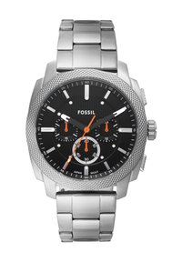 Montre en acier inoxydable Fossil avec un cadran noir, des accents argentés, des marqueurs orange et une lunette texturée. Comprend trois sous-cadrans et un bracelet métallique.