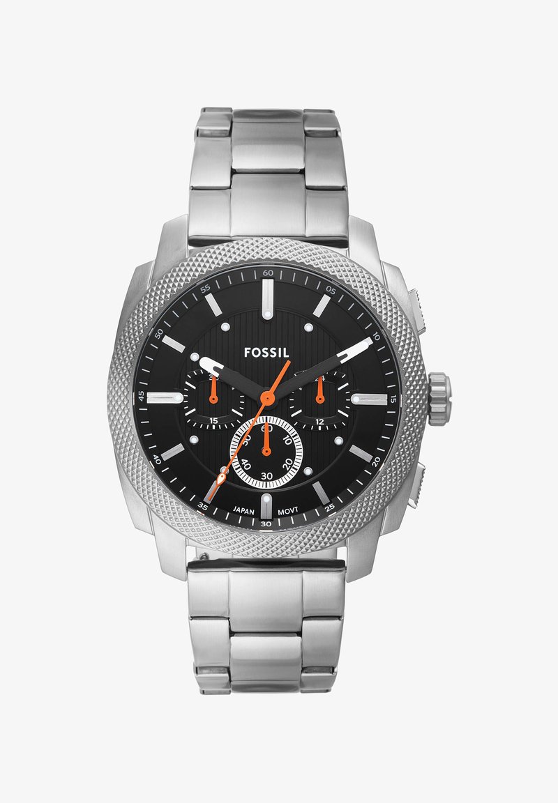 Fossil stainless steel watch with black dial, silver accents, orange markers, and textured bezel. Features three subdials and a metal band.