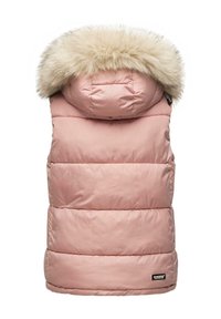 Rozā pūšanas vests ar mākslīgā kažoka kapuci, kas ir ar quilted sekcijām un nelielu zīmola etiķeti malā. Gluda tekstūra un strukturēta forma.