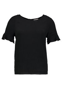 Svart kortärmad topp med rund halsringning, med volangt sleeves och en slät textur. Enkelt design utan ytterligare mönster eller dekorationer.