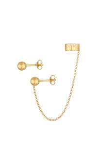 Boucles d'oreilles en or avec un clou sphérique texturé relié par une chaîne à un dos incurvé texturé. Lignes épurées et finition polie.