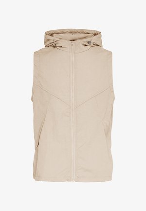 Beige ärmellose Kapuzenweste mit Frontreißverschluss und verstellbaren Kordeln an der Kapuze, aus leichtem Stoff gefertigt.