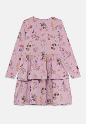 Girls' long-sleeve lavender dress with layered skirt and multicolored floral print in greens, pinks, purples, and yellows.