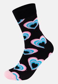 Čierna bavlnená ponožka s multikolórovými srdiečkami v ružovej, modrej a čiernej farbe. Žebrovaný lem a ružový detail na špičke.