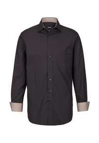 Camicia nera con bottoni, decorata con piccoli pois bianchi, polsini di colore chiaro in contrasto e design del colletto classico. Retro semplice senza tasche.