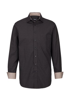 Schwarze Hemd mit Knöpfen und kleinen weißen Pünktchen, kontrastierenden hellen Manschetten und klassischem Kragen-Design. Einfarbige Rückseite ohne Taschen.