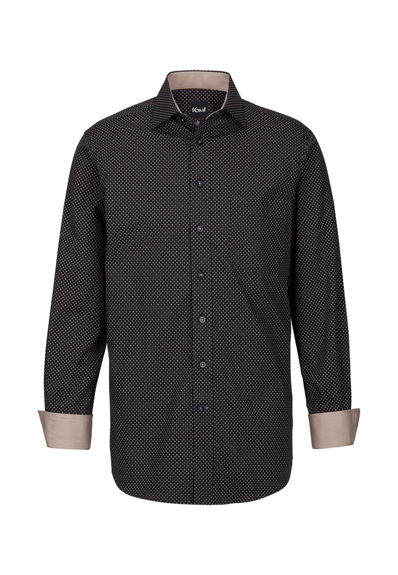 Camicia nera con bottoni, decorata con piccoli pois bianchi, polsini di colore chiaro in contrasto e design del colletto classico. Retro semplice senza tasche.