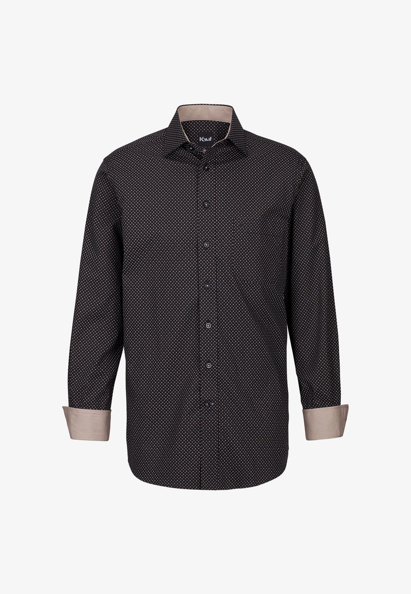 Camicia nera con bottoni, decorata con piccoli pois bianchi, polsini di colore chiaro in contrasto e design del colletto classico. Retro semplice senza tasche.