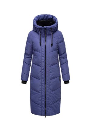 Purple padded long coat with a hood, featuring a zip front, textured panels, and black trim on cuffs. Soft inner lining visible.