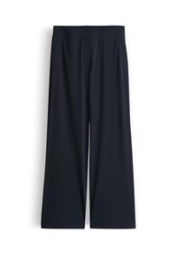 Wijd uitlopende broek in donker marineblauw, gemaakt van zachte stof. Voorzien van een elastische tailleband en zijzakken voor functionaliteit.