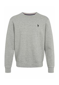 Sudadera de cuello redondo en gris claro con mangas largas y pequeño logo bordado de jugador de polo en azul marino en el lado izquierdo del pecho.