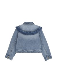 Jeansjacka, ljusblå, med volangkrage bak, långa ärmar och knäppningar vid manschetterna. Strukturerad tyg med en klassisk design.