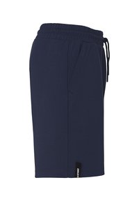 Marineblauwe sportshorts van rekbare stof, met een elastische tailleband met een trekkoord en zijzakken.