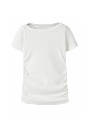 T-shirt blanc uni à manches courtes avec un col rond et de légers fronces sur les côtés, présenté sur fond blanc.