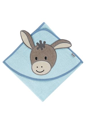 Kapuzentuch aus leichtem blauen Baumwollstoff, das ein Designdesign mit einem Eselgesicht mit gestickten Details aufweist und eine strukturierte Oberfläche mit einem gepunkteten Saum hat.