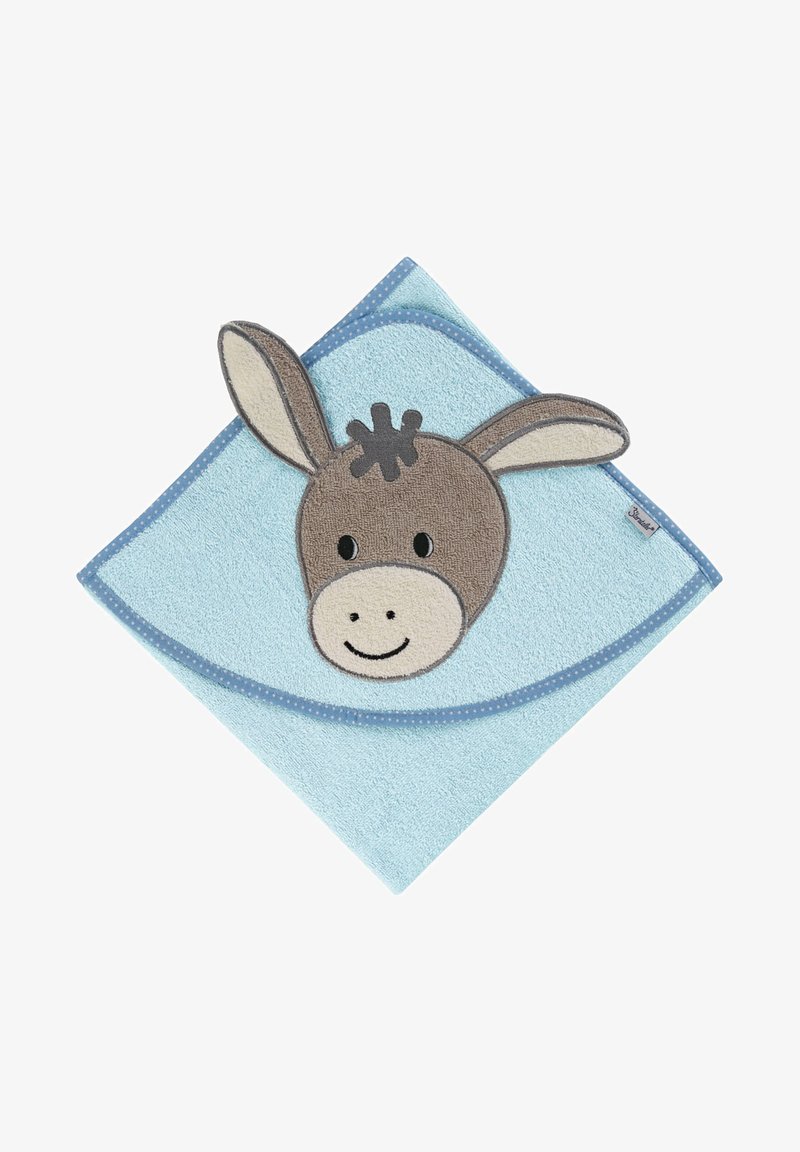 Kapuzentuch aus leichtem blauen Baumwollstoff, das ein Designdesign mit einem Eselgesicht mit gestickten Details aufweist und eine strukturierte Oberfläche mit einem gepunkteten Saum hat.