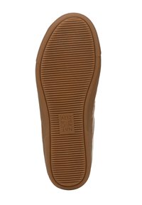 Suola di scarpa in gomma marrone con solchi orizzontali e verticali. Presenta il marchio impresso e una forma arrotondata lungo i bordi.