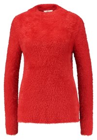 Czerwony, puszysty sweter, długie rękawy, okrągły dekolt, miękka faktura, bez widocznych zapięć, jednolity kolor, lekko luźny krój.