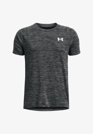 Črna športna majica z vzorcem teksturiranih črt. Ima kratke rokave in okrogel izrez ter bel logotip na prsih.