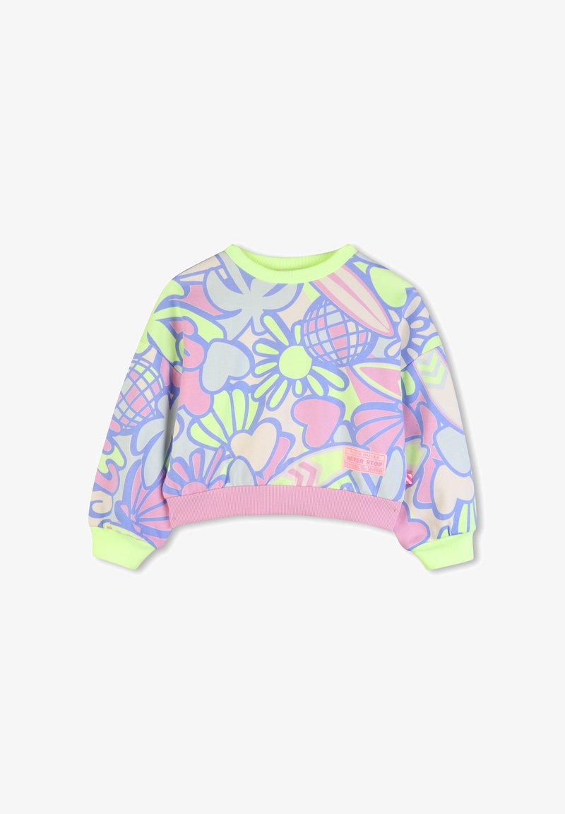 Sweat-shirt court coloré avec un motif floral pastel et des cœurs, confectionné en tissu doux avec un col vert clair et une ceinture rose.