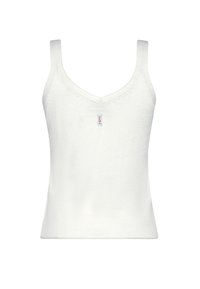 Top bianco senza maniche con scollo a v, realizzato in tessuto morbido. Presenta dettagli di cuciture delicate e una piccola etichetta del marchio.