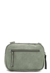 Zielona skórzana torebka o gładkiej fakturze, z główną przegrodą zapinaną na zamek oraz przednią kieszenią. Posiada srebrny zamek błyskawiczny i odpinany frędzel.