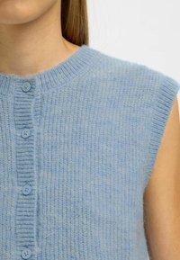 Šviesiai mėlynas be rankovių megztukas su raukiniu apykakle, turi penkis derančius mygtukus priekyje ir minkštą, tekstūruotą audinį.