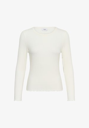 Weißes Langarmoberteil aus geripptem Stoff. Verfügt über einen runden Ausschnitt und einen wellenförmigen Saum. Minimalistisches Design mit figurbetonter Silhouette.