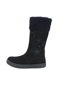 Black suede boot with a textured navy fur cuff. Features star embellishments and snowflakes. Rubber sole with a textured pattern for grip.