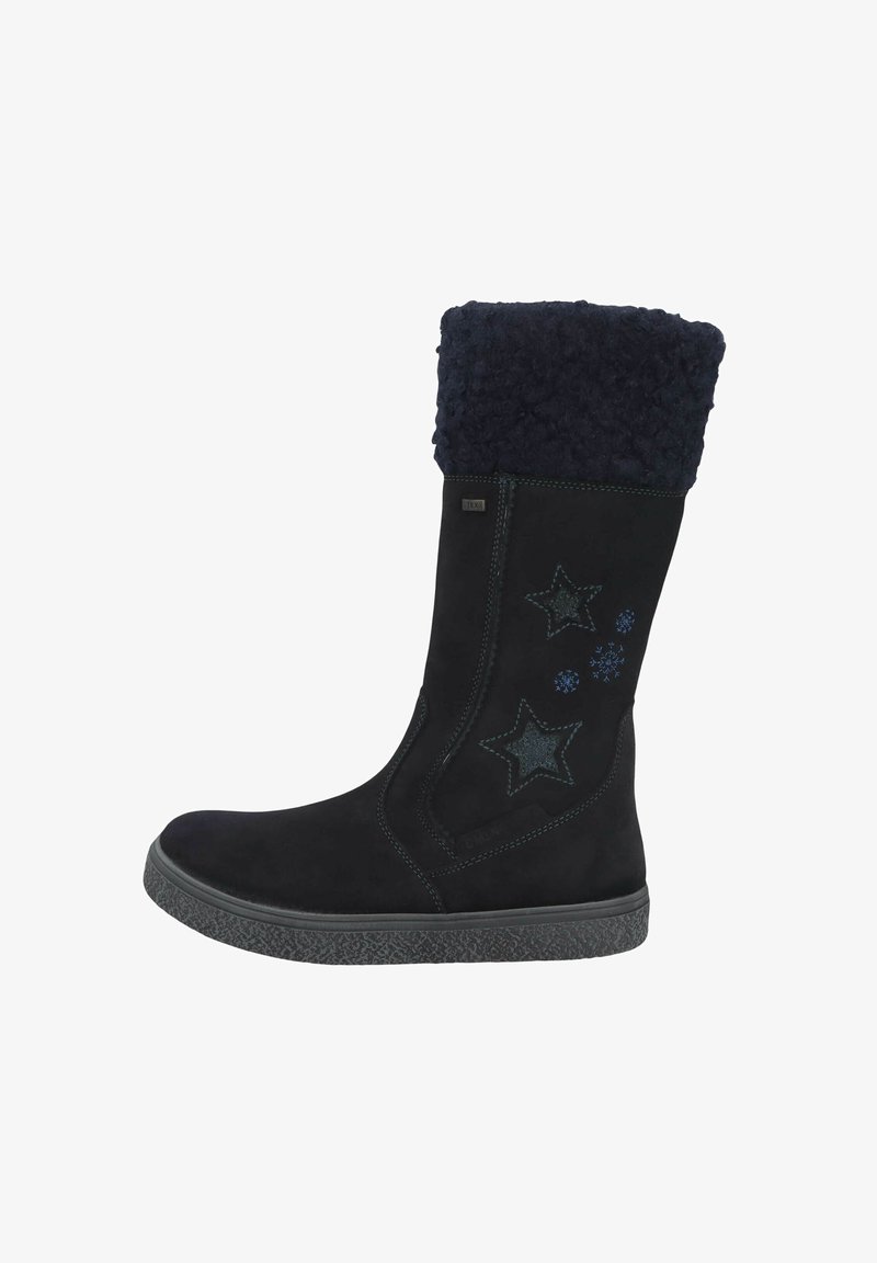 Black suede boot with a textured navy fur cuff. Features star embellishments and snowflakes. Rubber sole with a textured pattern for grip.
