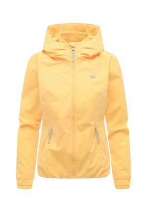 Lys gul hettejakke med frontglidelås, to glidelåslommer på sidene og ribbestrikkede mansjetter på de lange ermene.