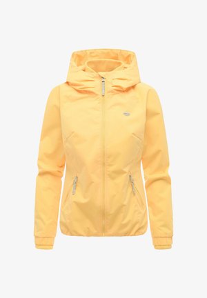Giacca con cappuccio giallo chiaro con cerniera frontale, due tasche laterali con zip e polsini a costine sulle maniche lunghe.