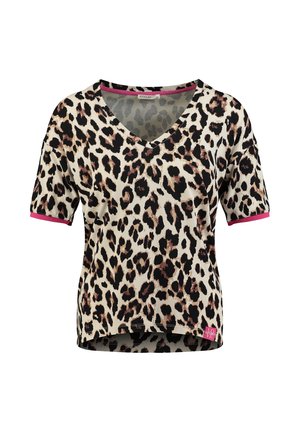Kurzärmeliges V-Ausschnitt-T-Shirt mit beigem, schwarzem und braunem Leopardenmuster und rosa Besatz an den Ärmelkanten und am Saumetikett.