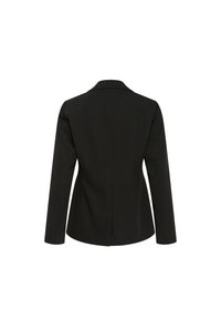 Černý blazer vyrobený z hladké látky, s klopovým límcem, dlouhými rukávy a jedním rozventilováním na zádech. Minimalistický design.