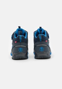 Dark navy children's hiking shoes with blue accents, mesh fabric, adjustable strap, and textured rubber soles featuring a patterned tread.