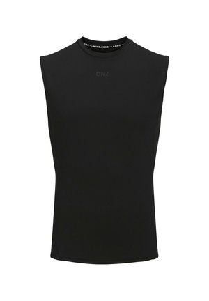 Czarny bezrękawnik sportowy z wysokim dekoltem i małym logo "CNZ" z przodu na środku.